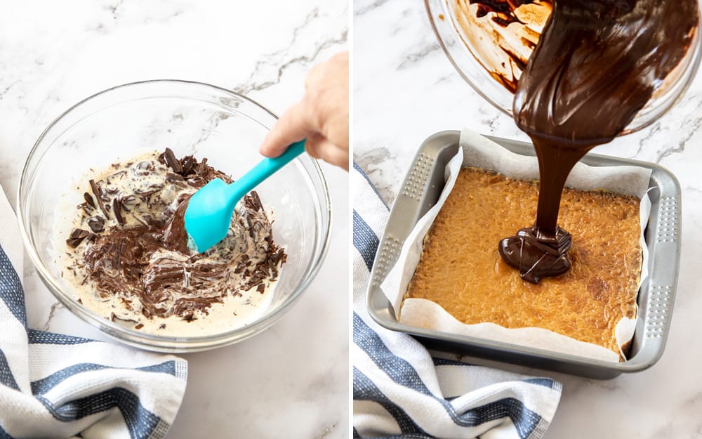 2 images showing making ganache and pouring it over caramel slice