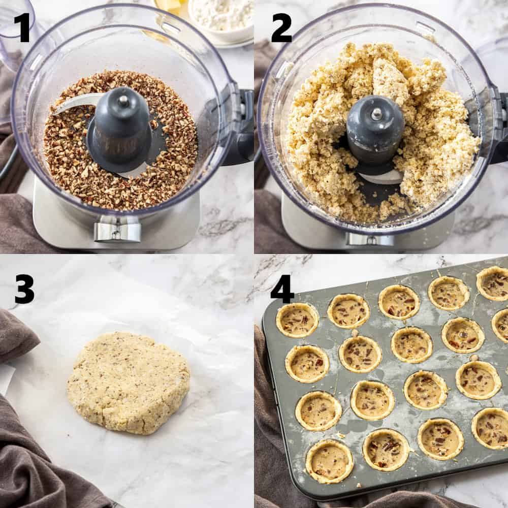 A collage of 4 images showing the steps to making pecan tassies