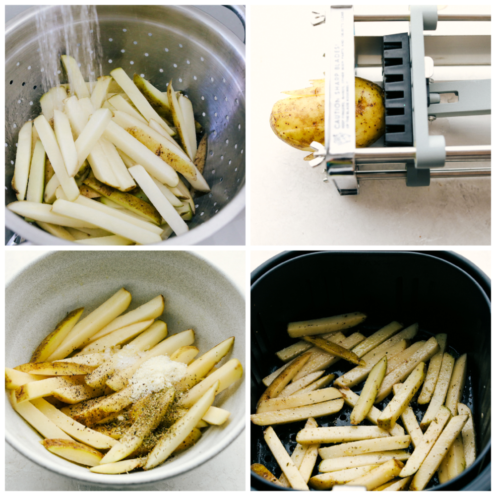 Rinsing, cutting, and cooking the fries.