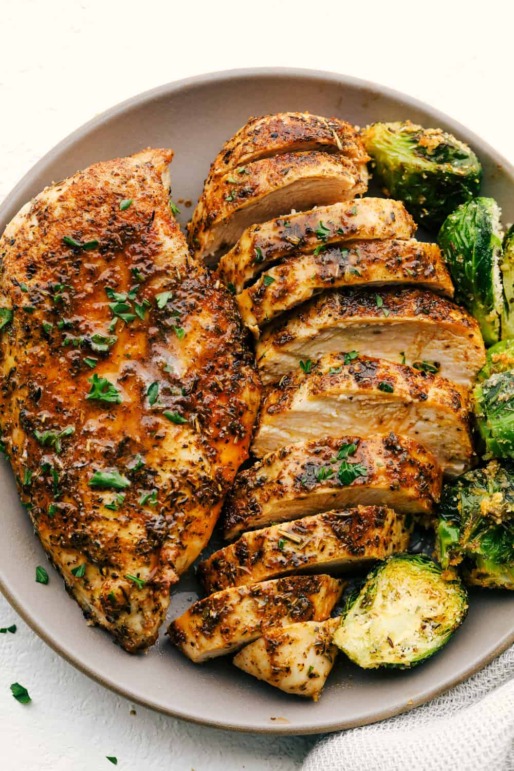 Tender Juicy Air Fryer Chicken with Brussel Sprouts