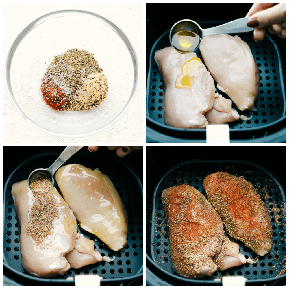 Seasoning, oiling and baking tender juicy air fryer chicken