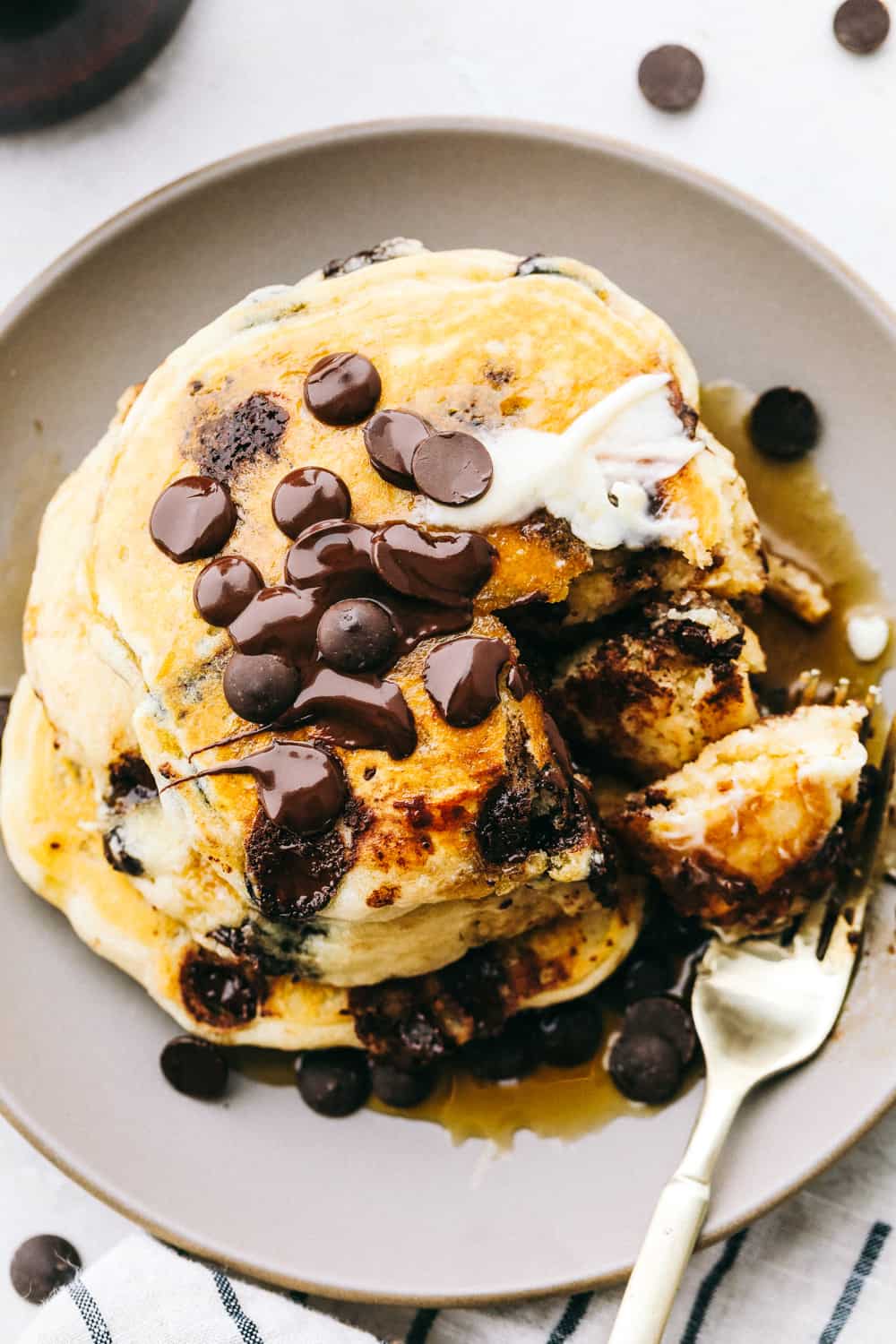 Decadent, fluffy and rich chocolate chip pancakes. 