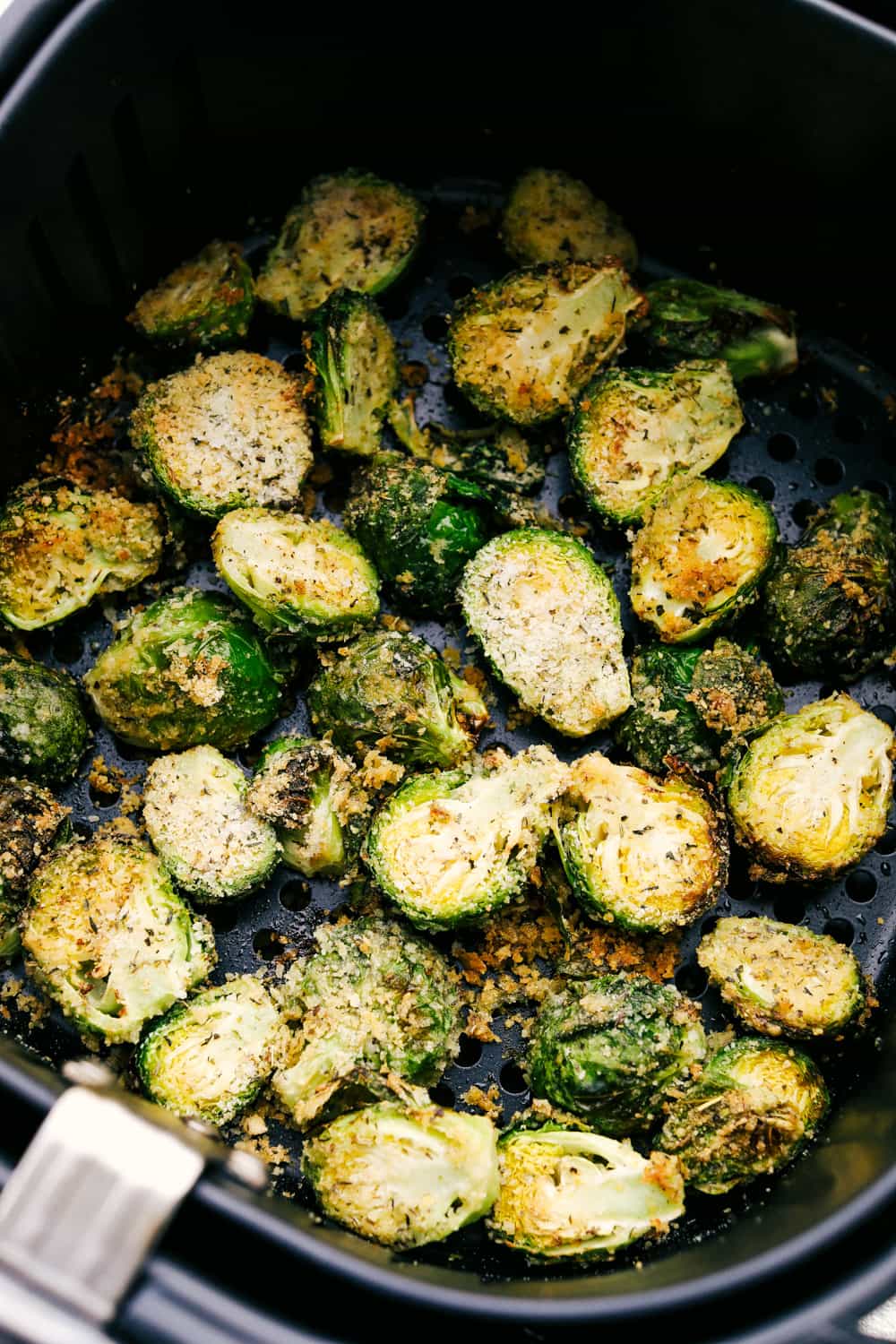 Crispy, parmesan crusted brussel sprouts in the air fryer.