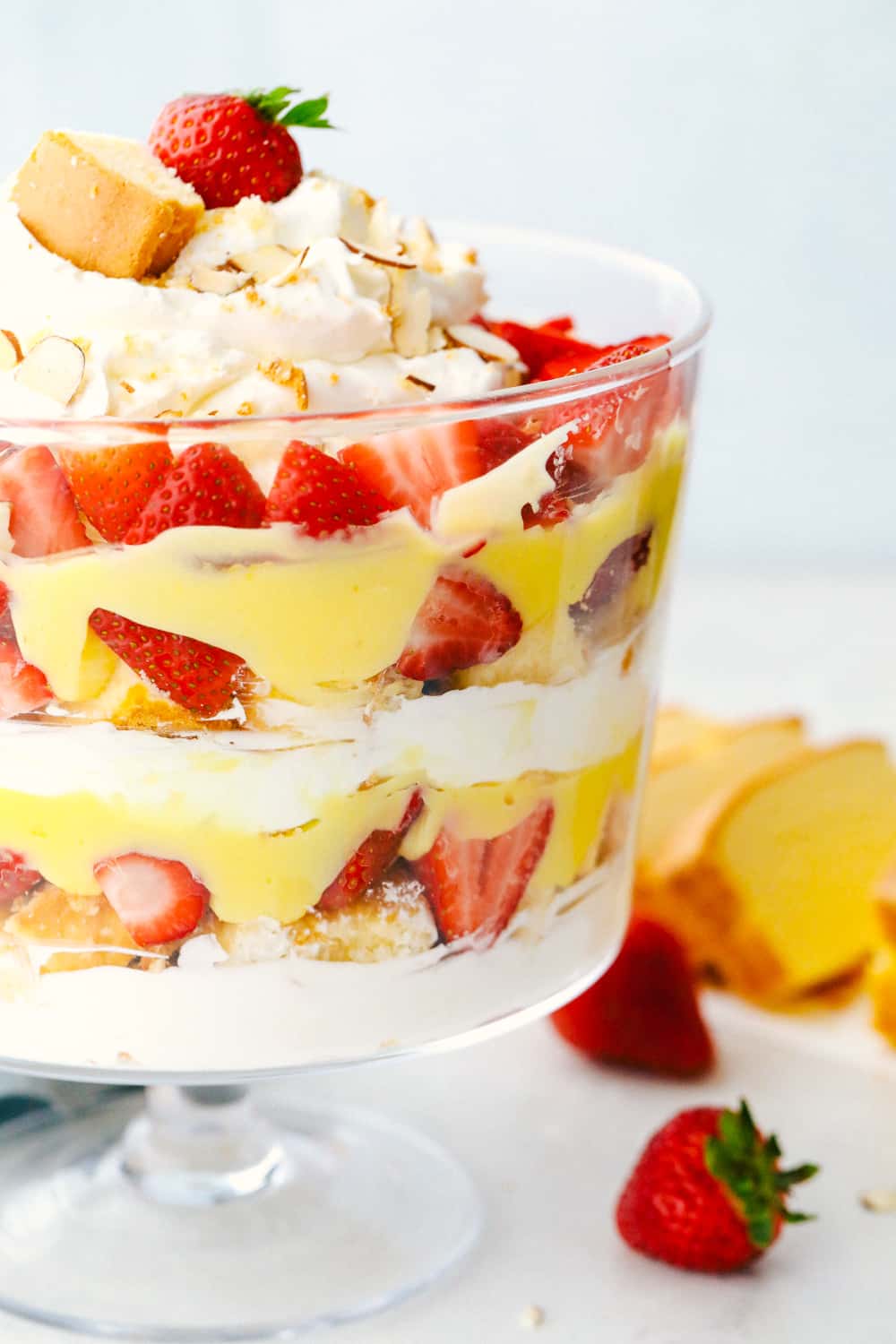 English trifle in a glass layered together. 