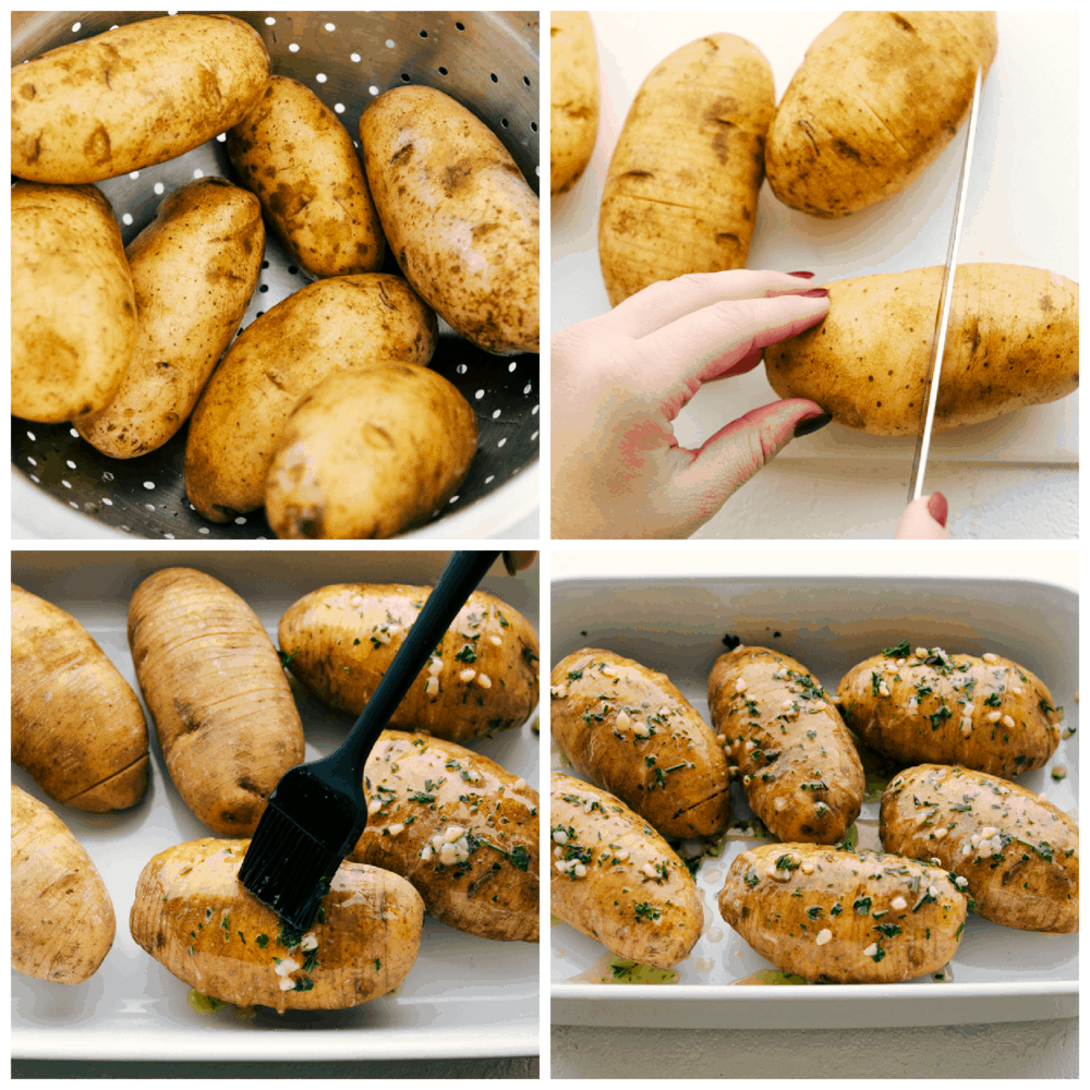 Preparing, cutting, and seasoning potatoes.