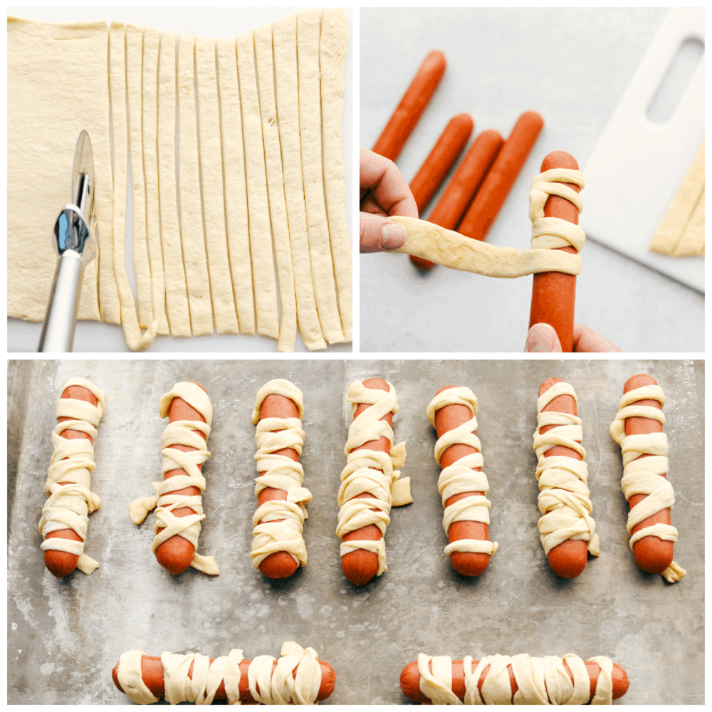 The process of cutting out, wrapping and forming the mummy dogs.