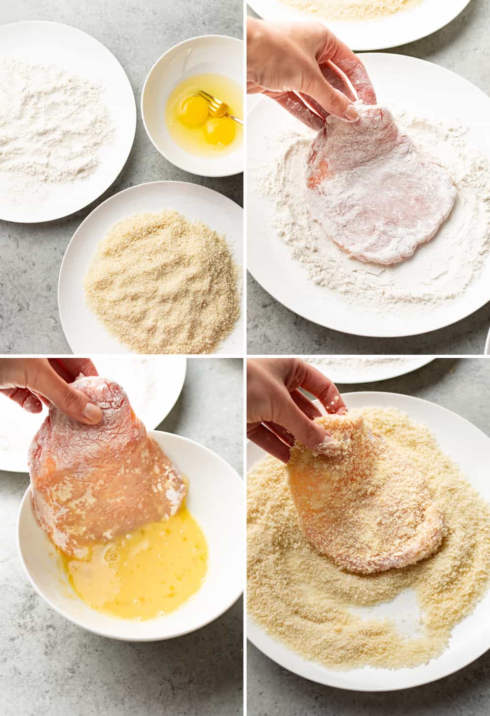 pork schnitzel process collage (dredging bowls with flour, egg, and panko breadcrumbs), then one photo for each step of dredging process