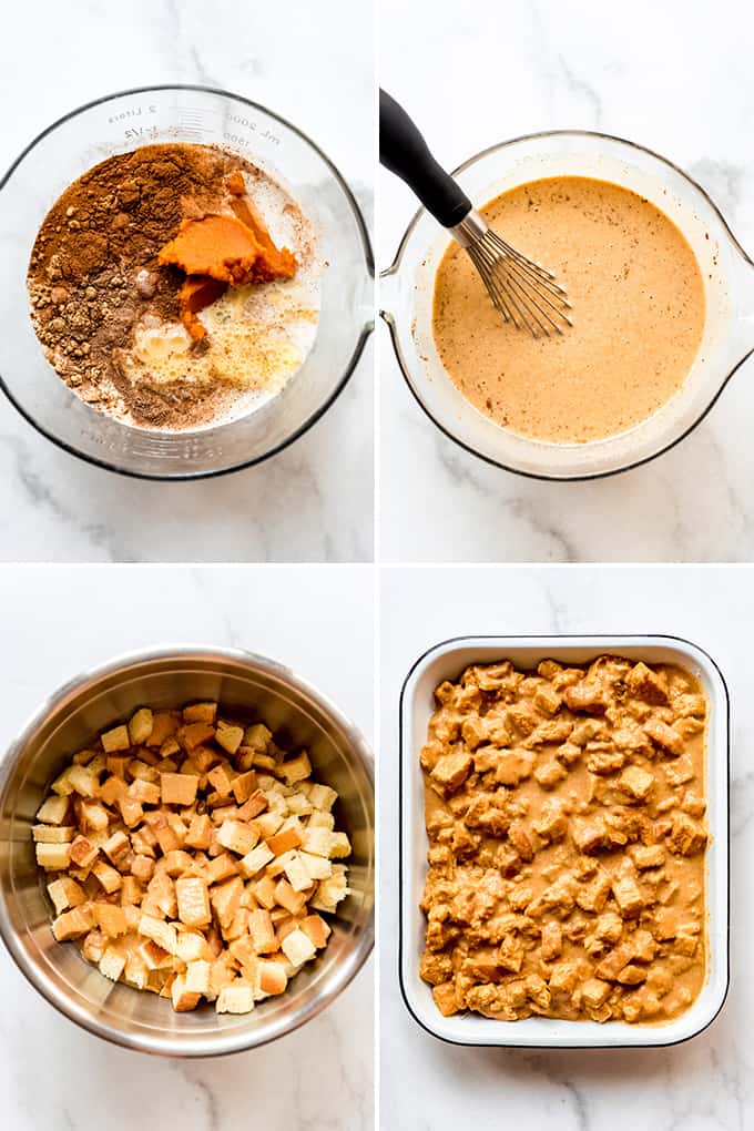 A collage of images showing steps for making pumpkin bread pudding.