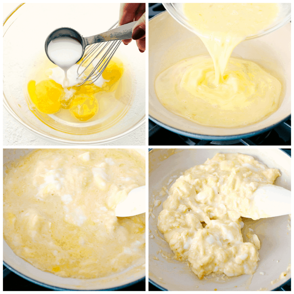 Making the best scrambled eggs with milk and on medium low heat.
