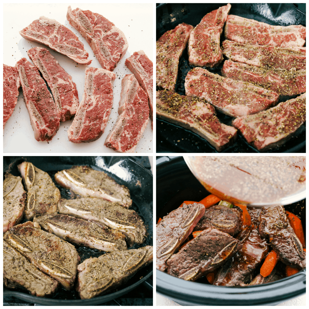 First photo is seasoning the ribs with salt and pepper. Second photo is searing the meat on one side. Third photo is searing the meat on the other side. Fourth photo is pouring the sauce over the meat in the crockpot. 