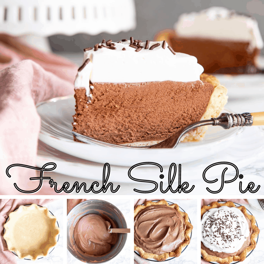 Collage of the steps to make French silk pie.