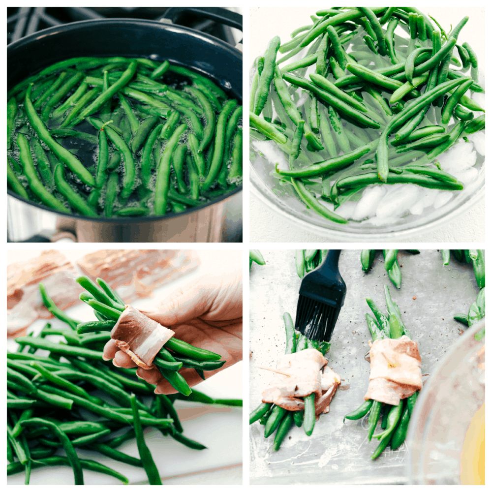 Blanching and wrapping beans with bacon and basting them for roasting.