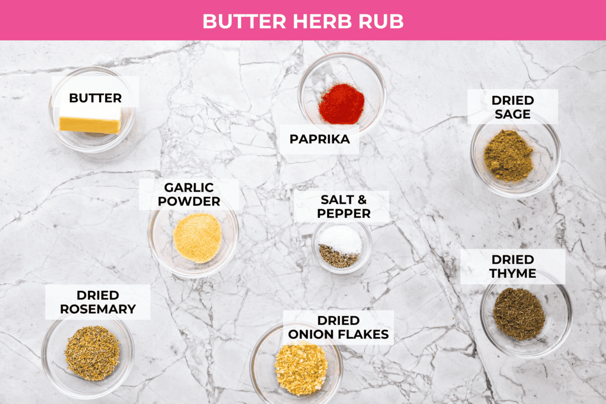 Overhead shot of labeled butter herb rub ingredients. 