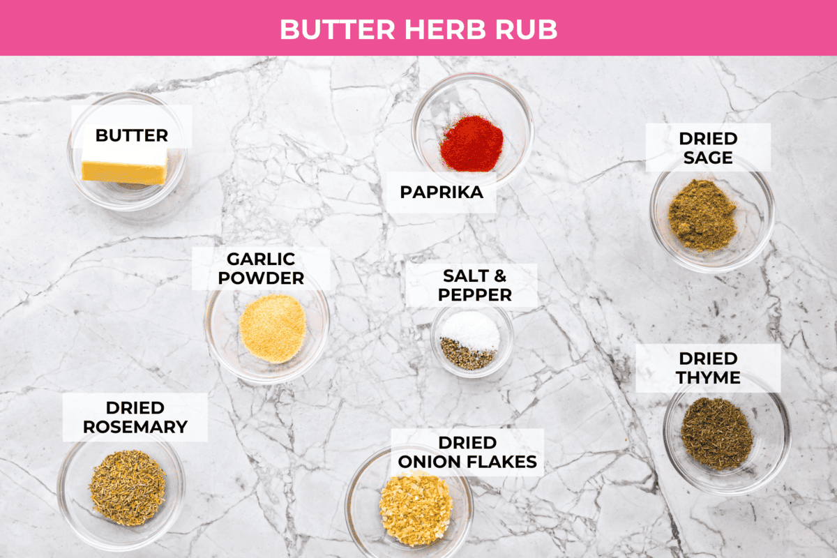 Slow Cooker Turkey Breast is the perfect way to get tender, juicy turkey with a fraction of the prep but all the flavor. Let the slow cooker do ALL the work! Overhead shot of labeled butter herb rub ingredients.
