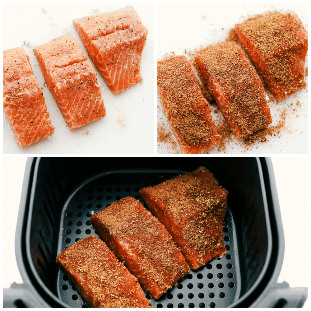 Seasoning salmon with brown sugar and garlic, then adding it to an air fryer basket.