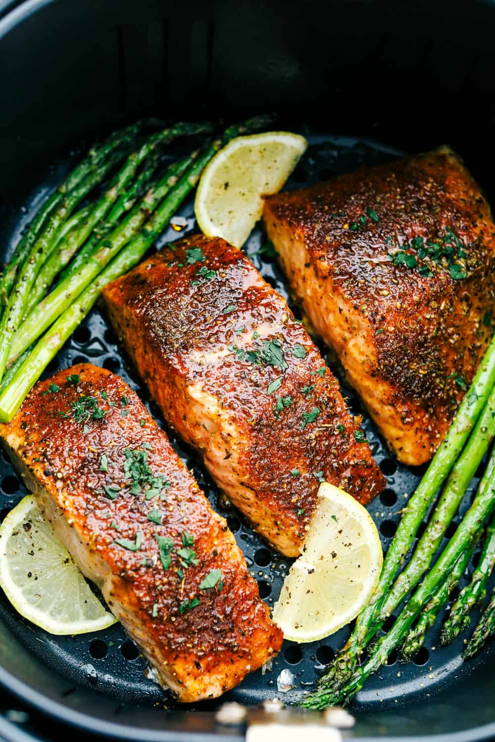 Juicy, tender brown sugar garlic air fryer salmon.