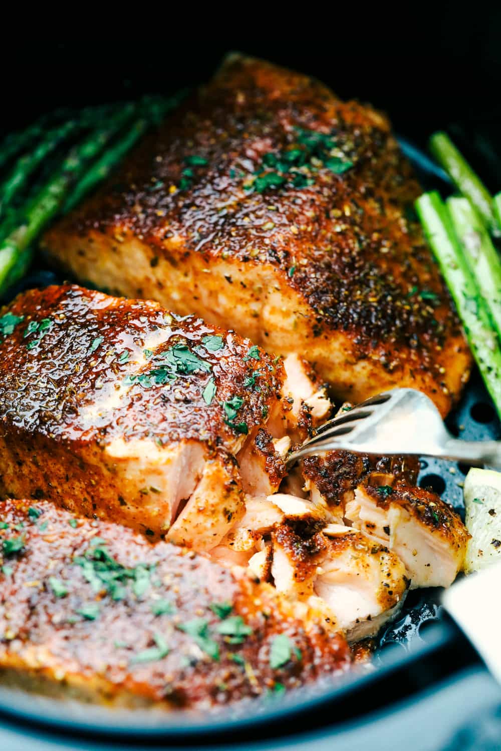 Closeup of tender, juicy Brown Sugar Garlic Salmon