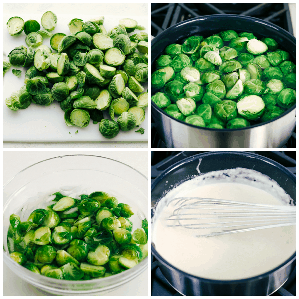 Preparing Brussel Sprouts and cheese sauce for gratin.