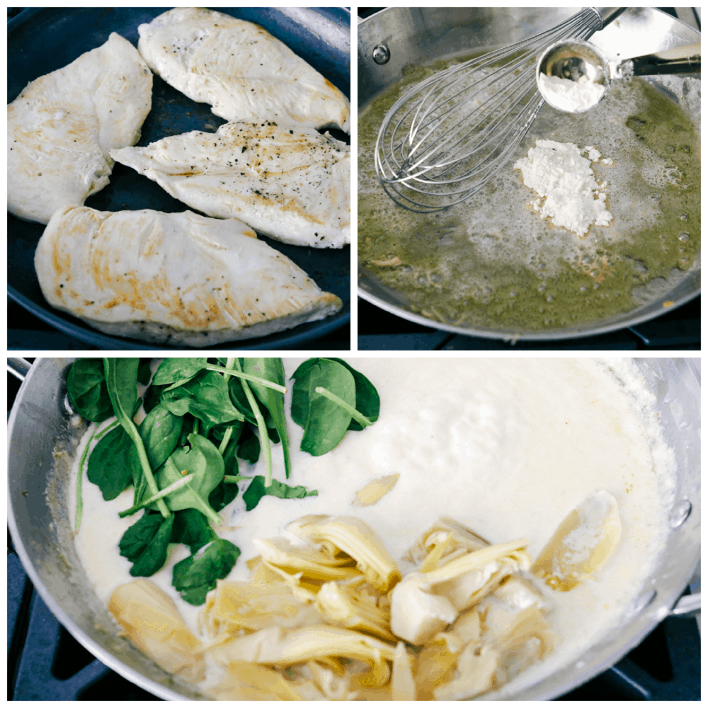 sauteing chicken, making cream sauce and adding spinach and artichokes.