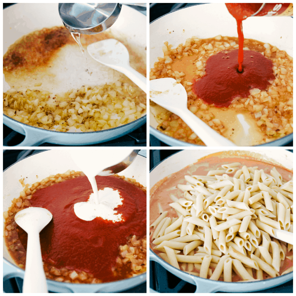 The process of making creamy scrumptious Penne Alla Vodka.