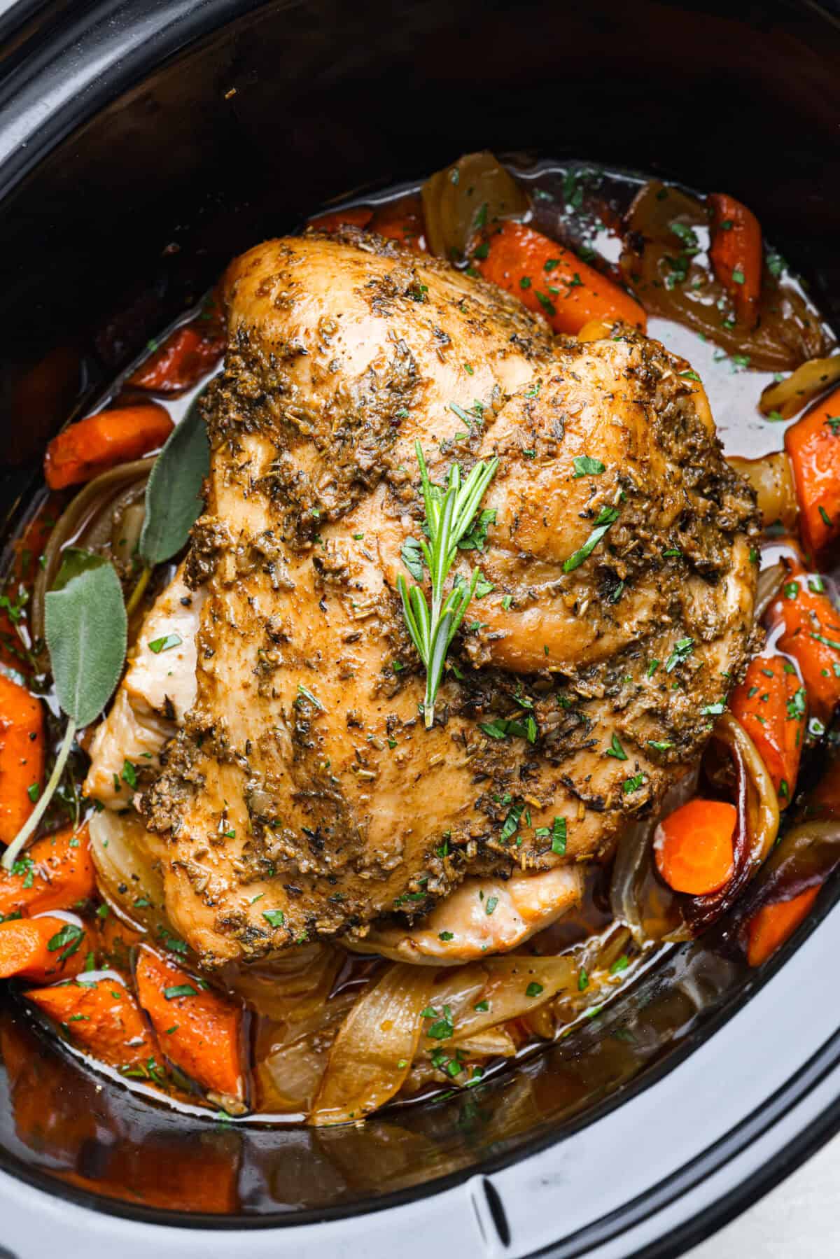 Overhead shot of slow cooker turkey breast.