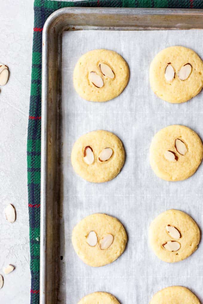 Almond cookies on a baking sheet.