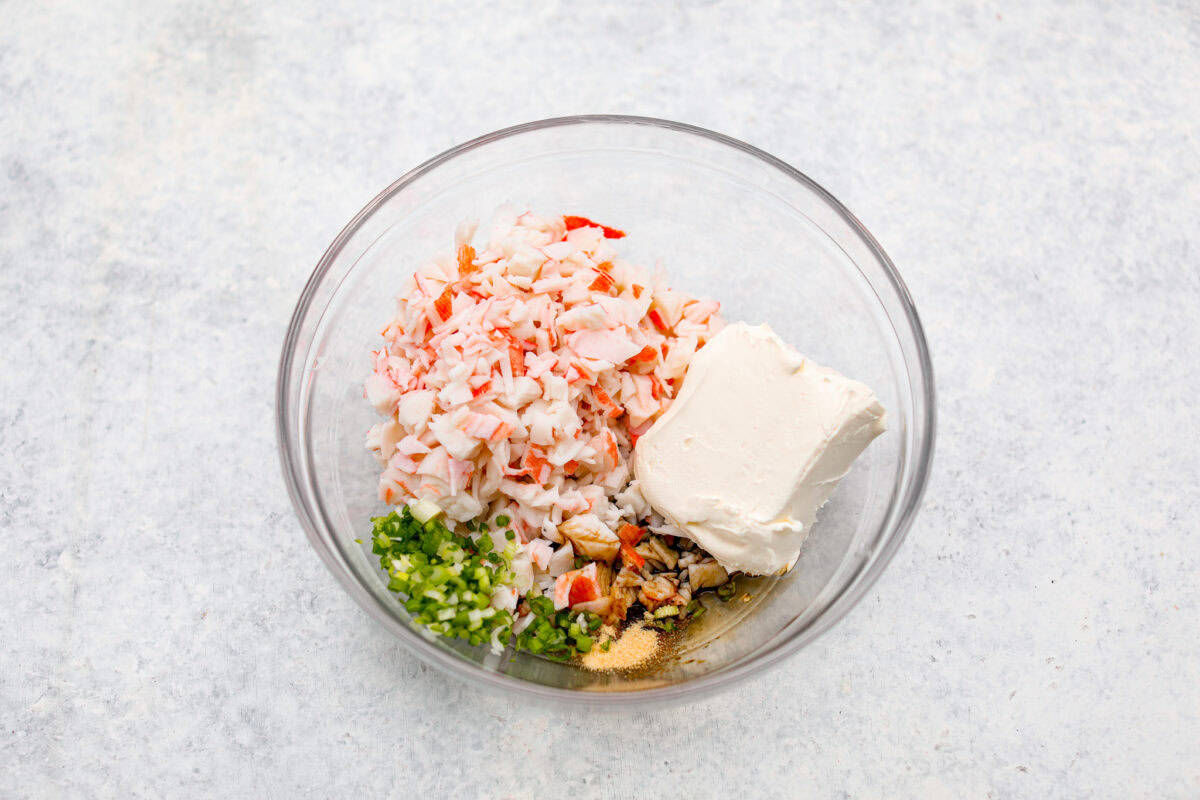 Overhead shot of filling ingredients all in a mixing bowl. 