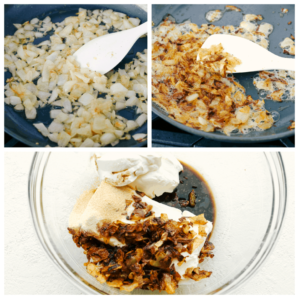 sauteing onions, and mixing with the ingredients for French Onion Dip.