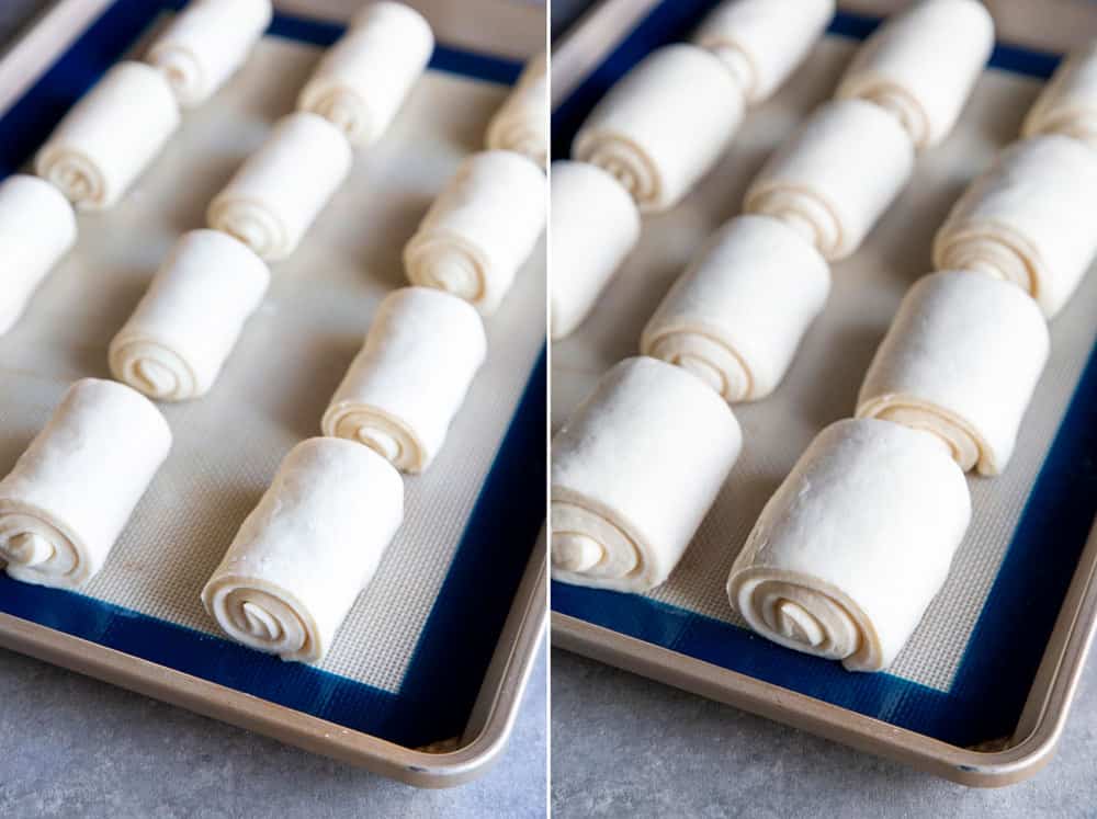 Collage of 2 photos showing shaped unbaked lion house rolls 