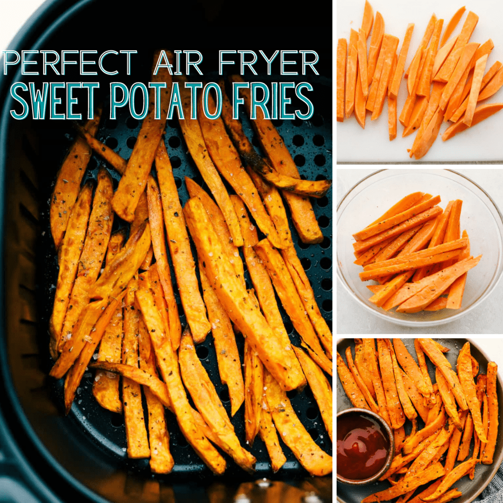 Collage of the process making sweet potato fries. 