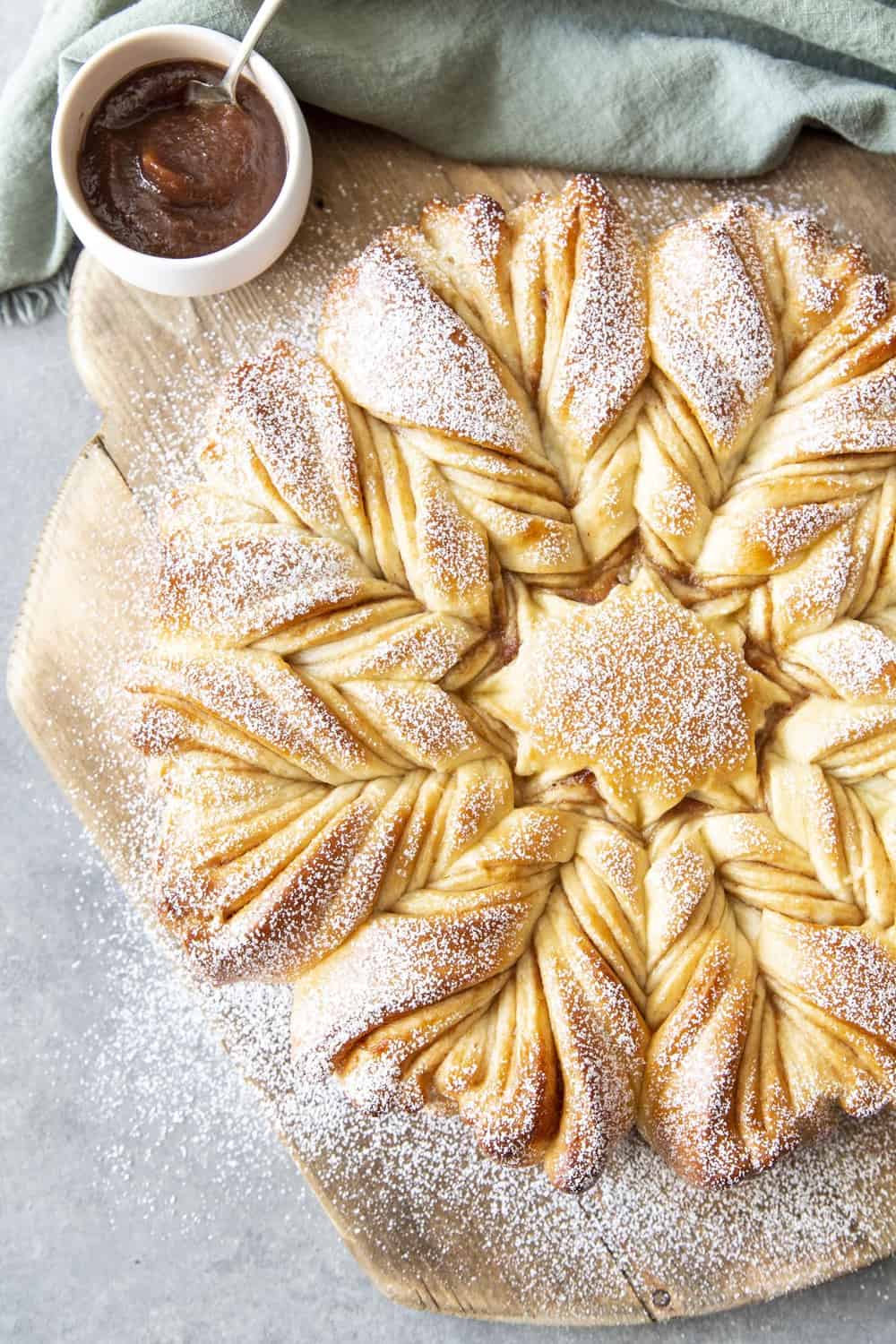 Dusted with powder sugar, star bread. 