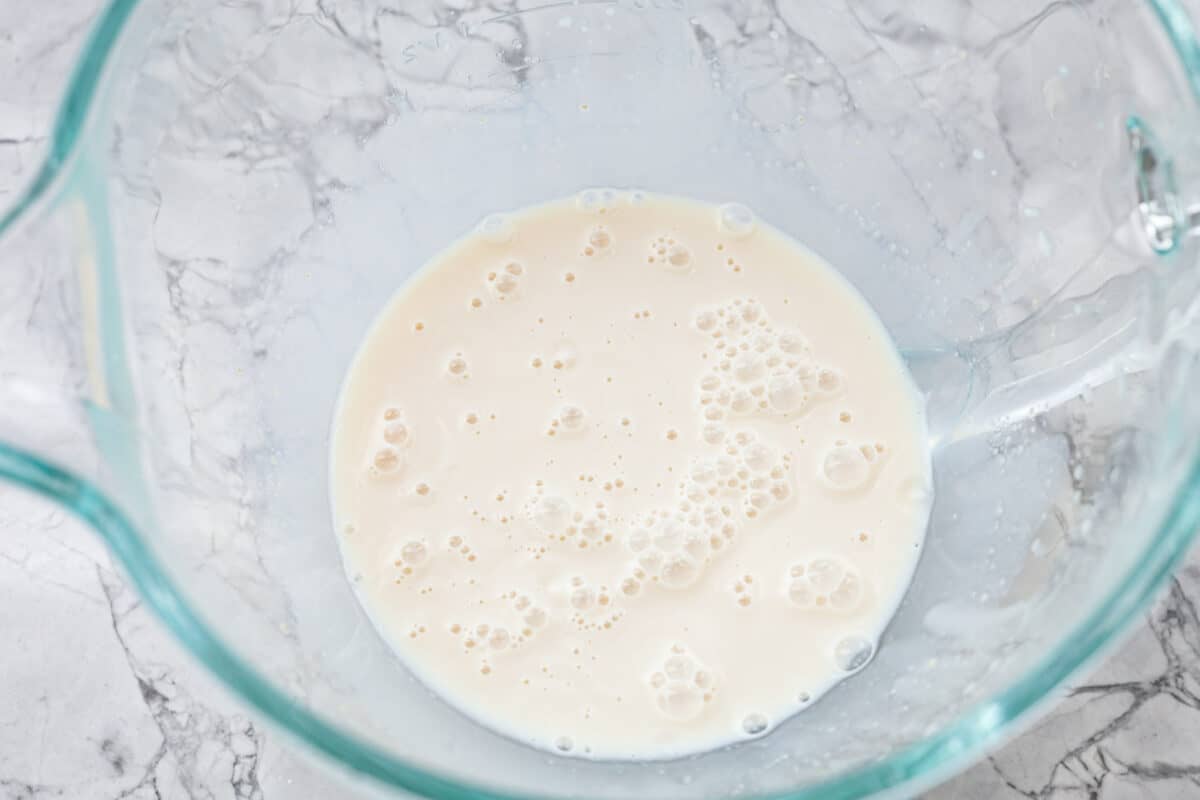 Overhead shot of milk and yeast in a mixing bowl. 