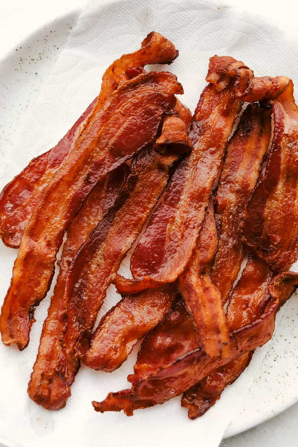 Crisp air fried bacon on a plate. 