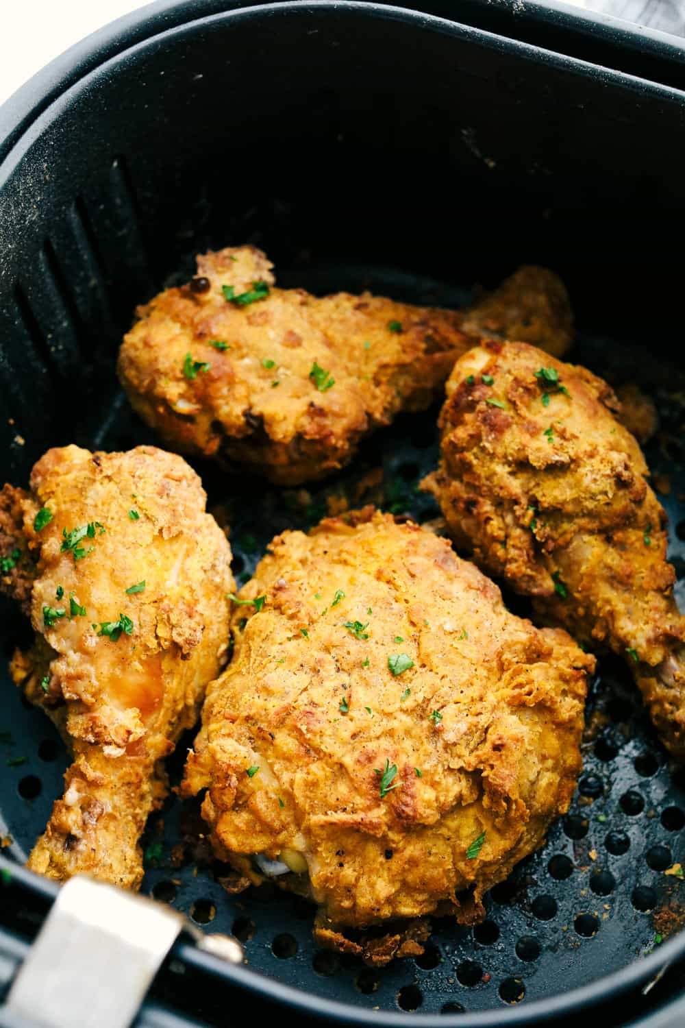 Crispy ready to eat air fryer fried chicken.