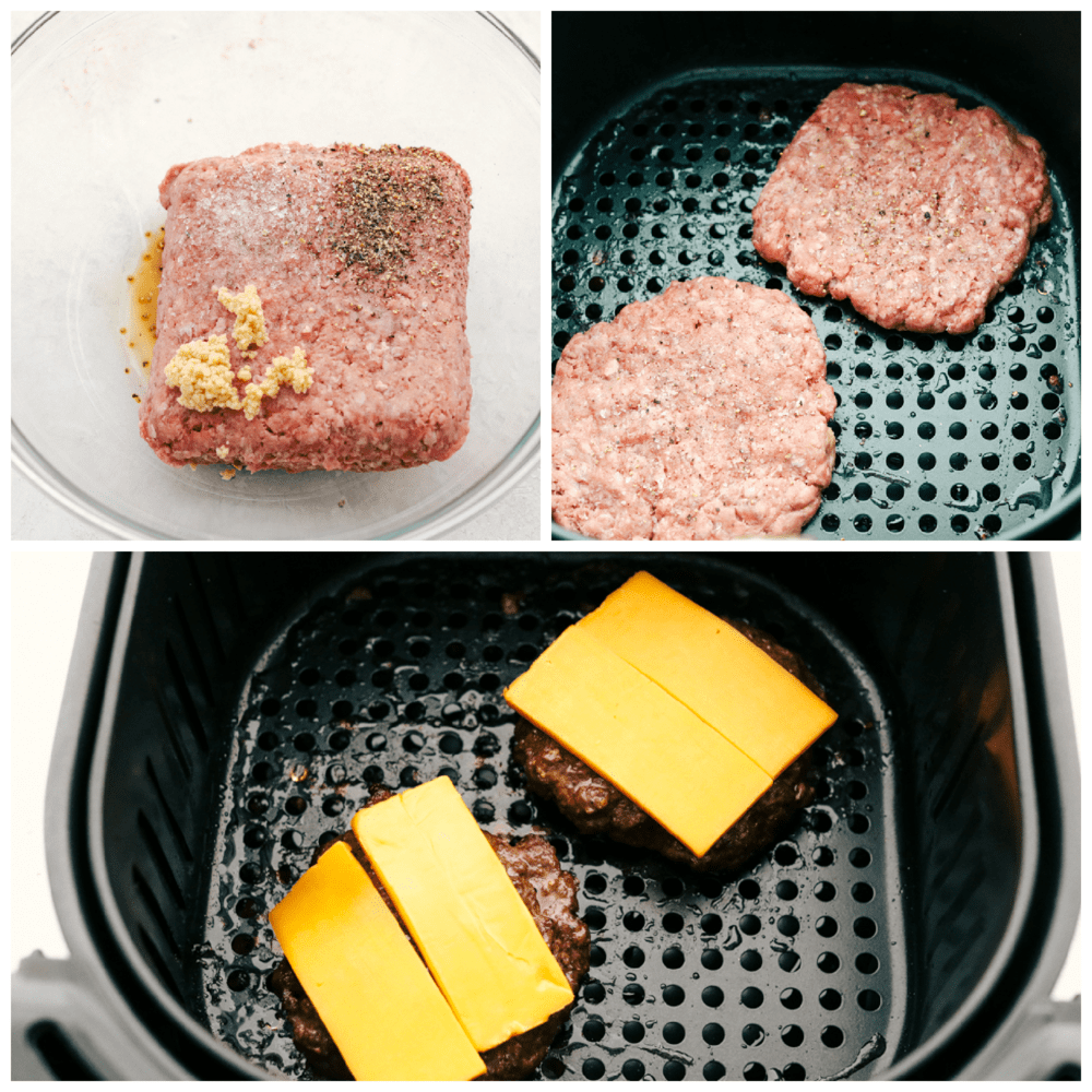Mixing the seasoning with the hamburger and melting cheese on it in the air fryer. 