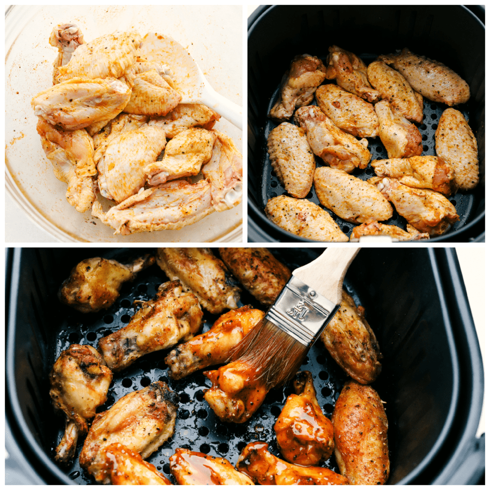 Seasoning, air frying and basting perfect chicken wings.