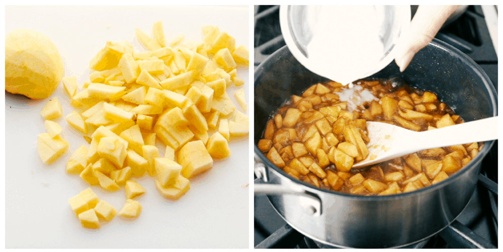 Making the apple pie filling. 