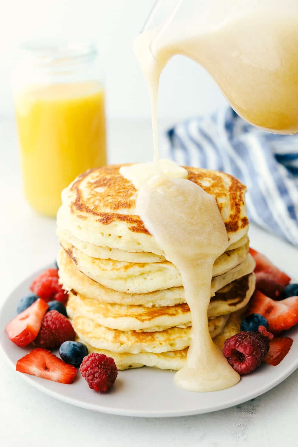 Creamy rich and decadent buttermilk syrup on pancakes. 