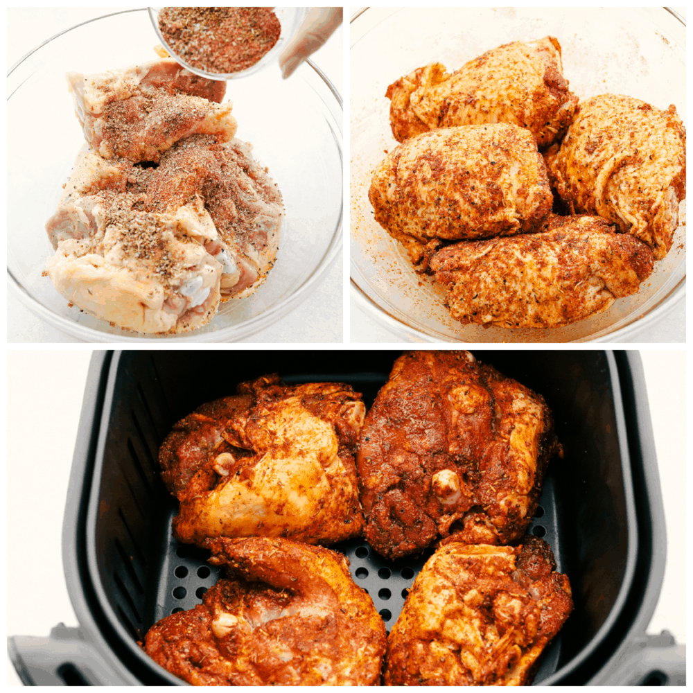 Seasoning and placing the chicken in an air fryer. 