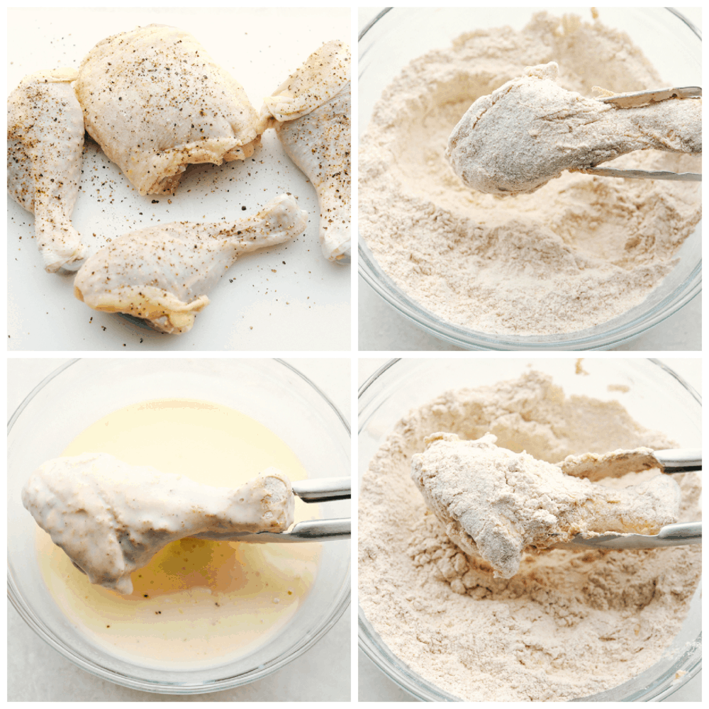 A collage of 4 pictures showing how to season, and bread the chicken. 