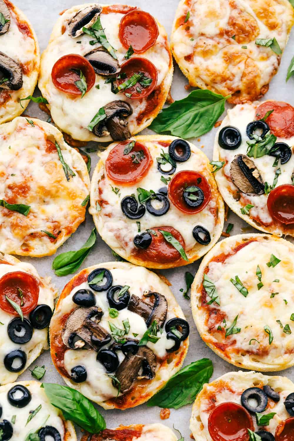 English Muffin Pizzas with various toppings.