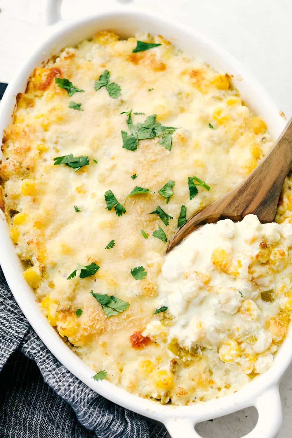 Creamy Hominy Casserole in a white dish.