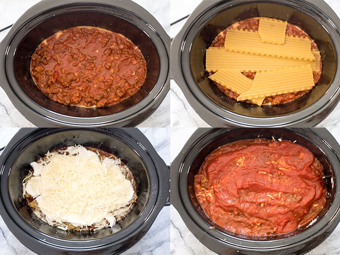 A collage of photos with the steps to make slow cooker lasagna. 