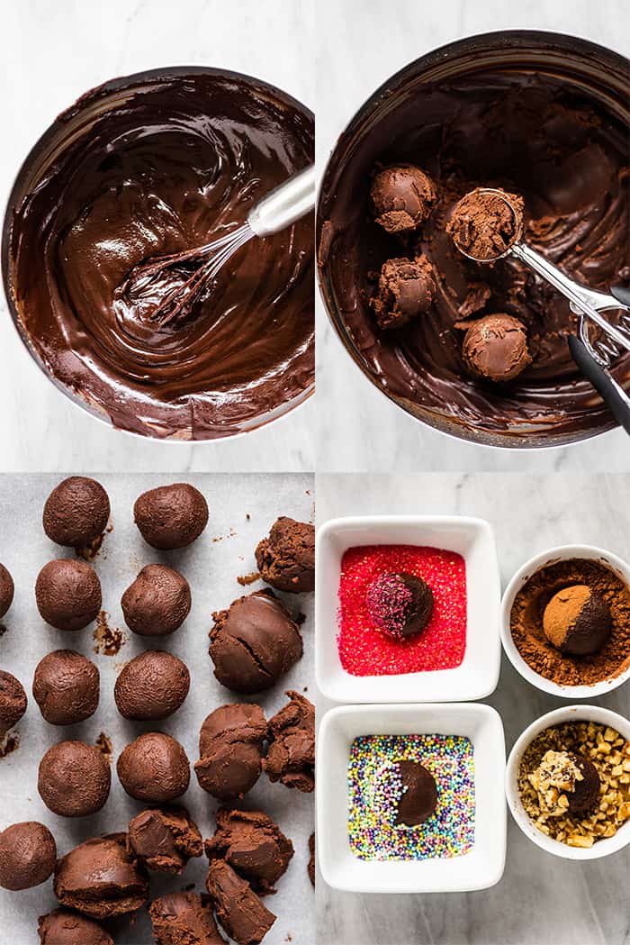 4 pictures showing how to make chocolate truffles.