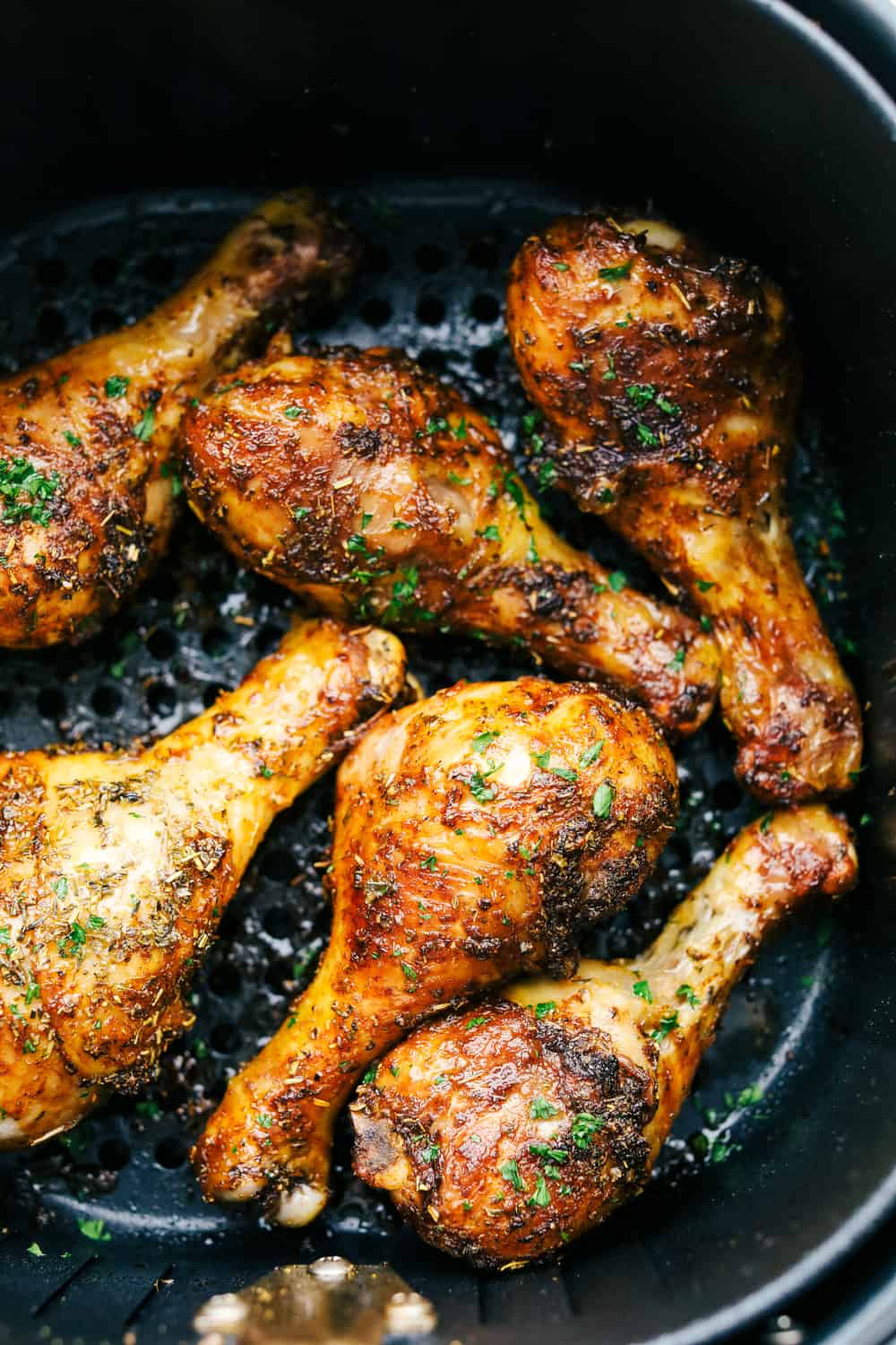 Perfectly cooked chicken legs made in the air fryer. 