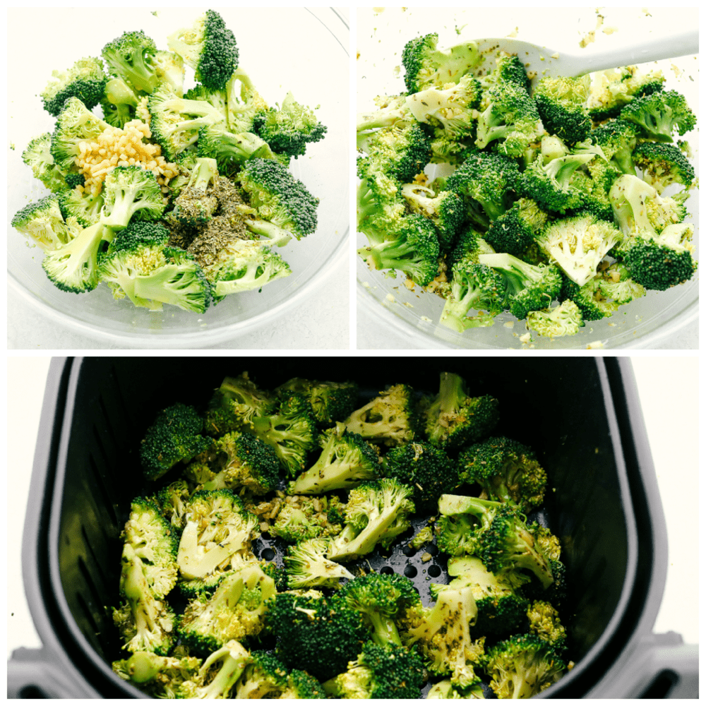 Seasoning, stirring and roasting broccoli in the air fryer. 