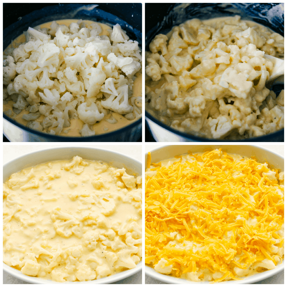 Mixing the cauliflower in the cheese sauce and topping with more cheese. 