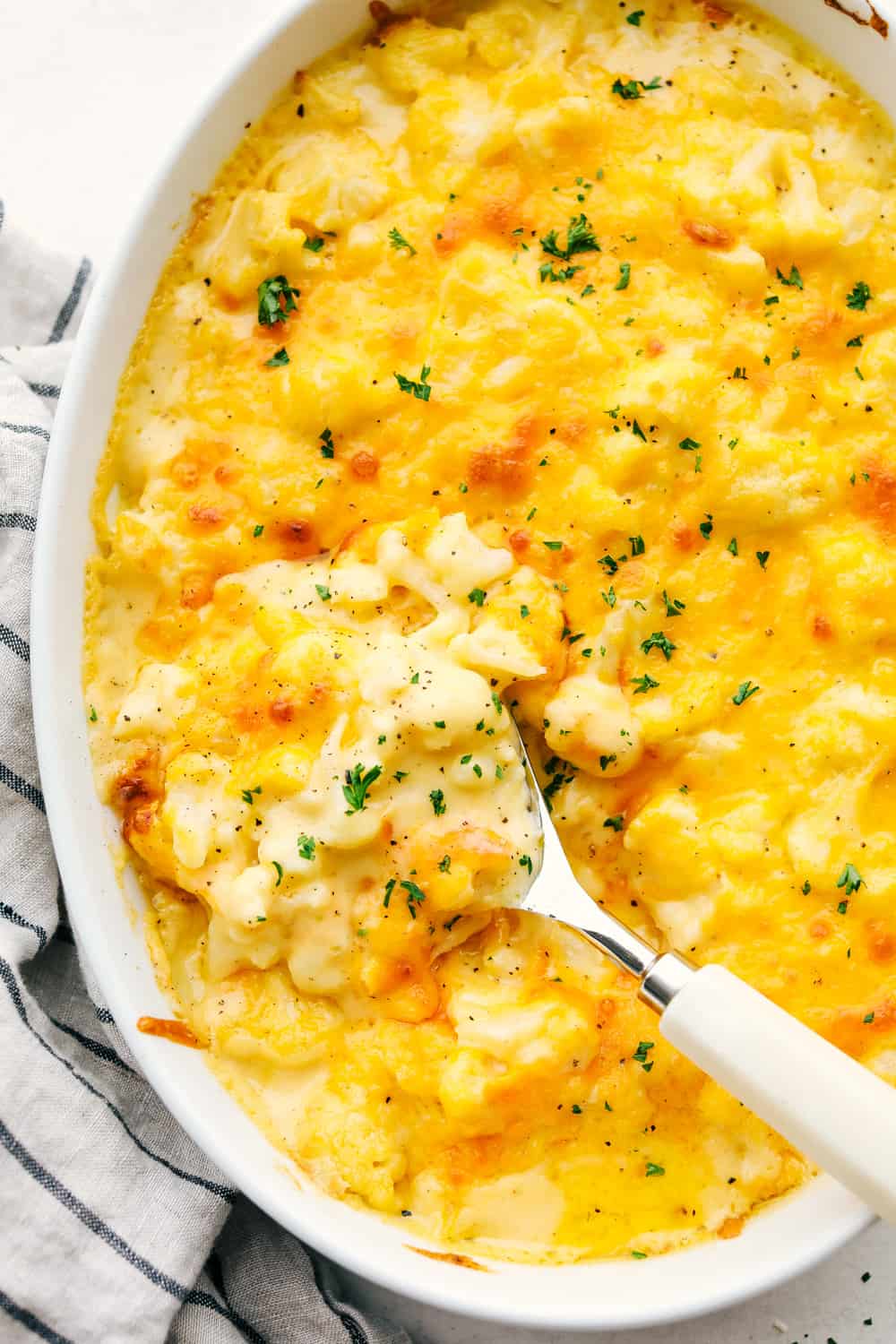 Cauliflower mac and cheese in a casserole dish. 