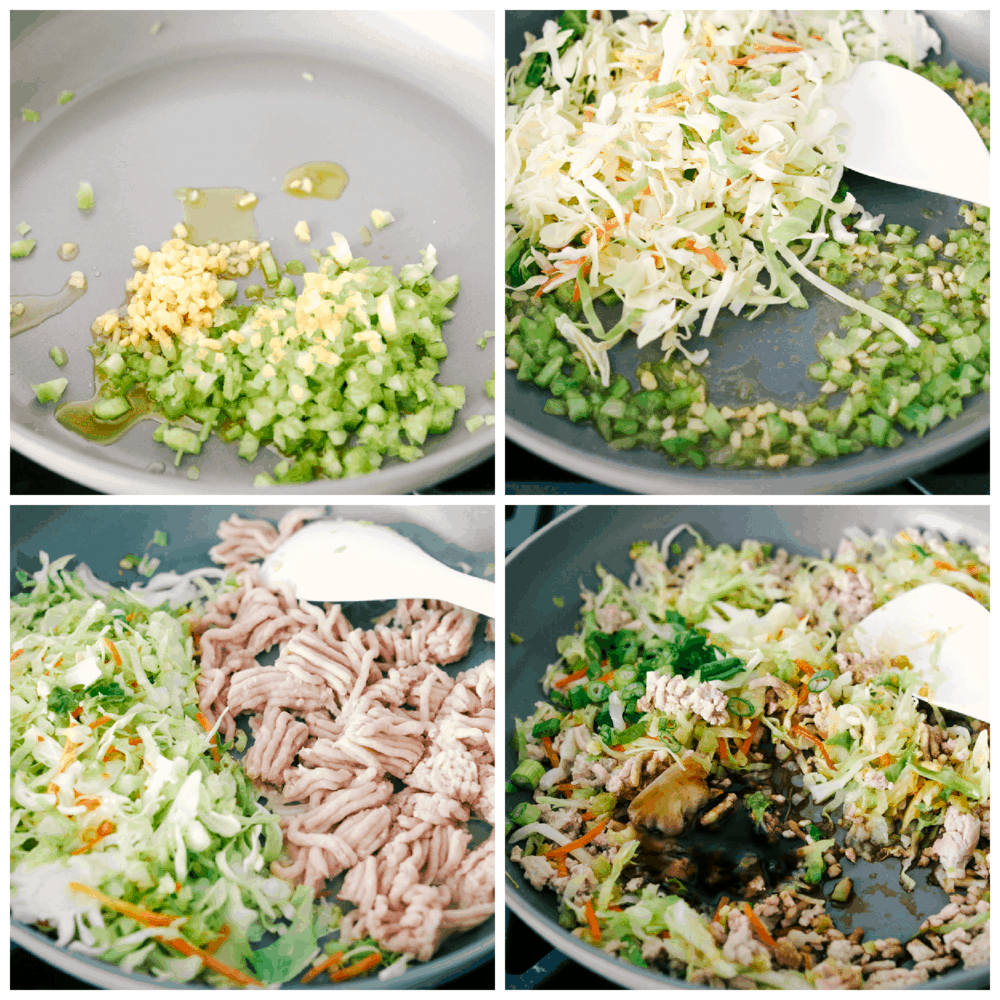 Sauteing vegetables and chicken for egg rolls.