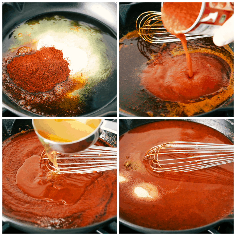 Making homemade enchilada sauce with spices, and tomato sauce in a skillet. 